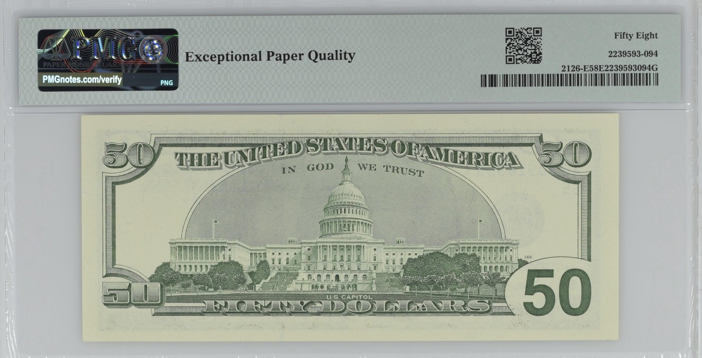 收藏联盟Quantum Auction 第338期拍卖  美国联邦储备1996年50元 PMG58e 首版大头美金 号码无47