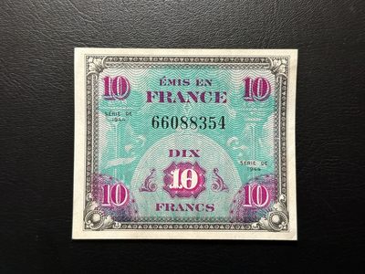 八十四场 - 德国1944年盟军占领柏林后法占区10马克，法国国旗！品相au+，好品种！一段历史的产物！