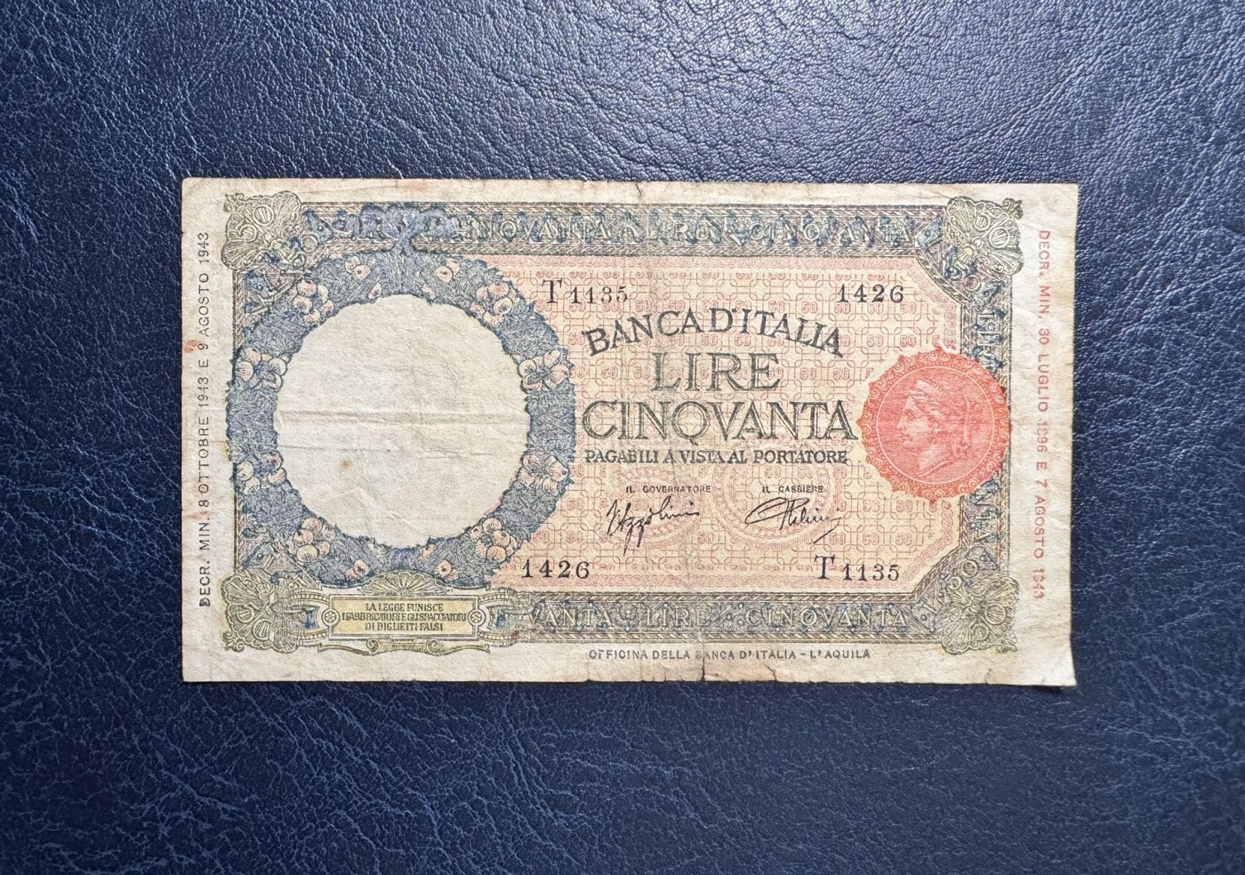 收藏联盟Quantum Auction 第337期拍卖  意大利1943年50里拉 非全新 品相如图 狼孩