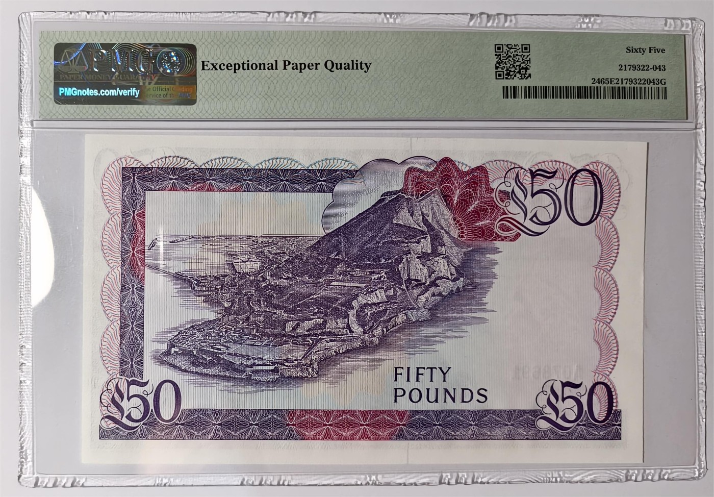 紫瑗钱币——第353期拍卖——纸币场 【首发A冠 PMG 65EPQ】 直布罗陀 1986年 伊丽莎白二世 高冠 50镑 (P-24)