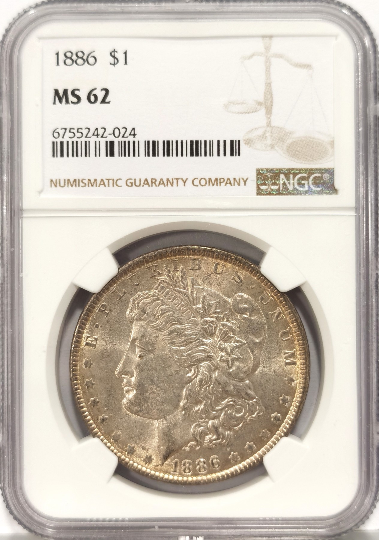 1886年美国摩根银币P版NGC-MS62，原汁原味双面淡彩老包浆，包浆醇厚