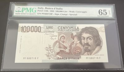 珑诚汇（原乐淘淘）世界纸币拍卖 第二期 - 【PF680710F】意大利1983年纸币 100000里拉 卡拉瓦乔 PMG65EPQ