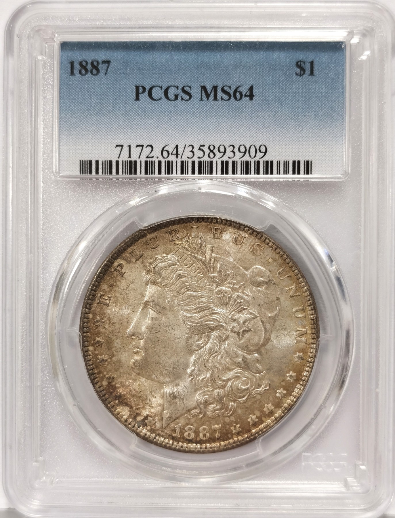 博洋堂世界钱币拍卖第086期（全场包邮） PCGS MS64 美国1887年P版摩根银币，双面绚丽五彩包浆，彩浆层次分明，3号段老盒严评