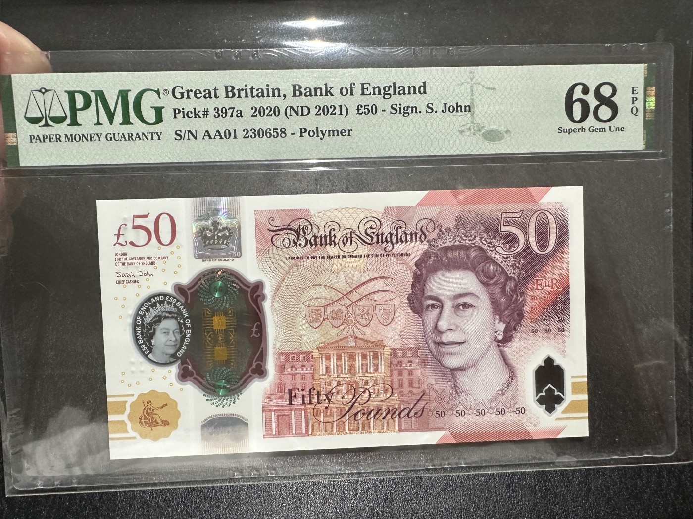《外钞收藏家》第三百五十八期（连拍第三场） 2020年英国50镑 PMG68 首发AA01冠 无47尾8