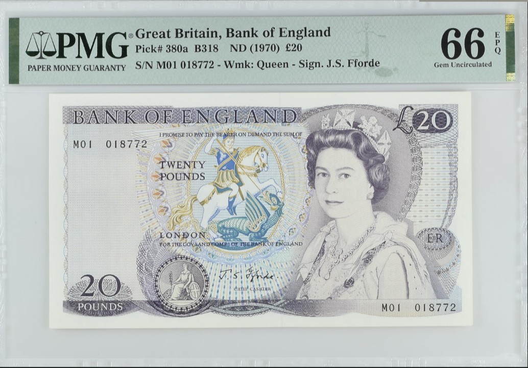 《张总收藏》145期-外币特别精品场 英国D序列1970年首签20镑超稀少补号M1冠PMG66E亚军分无4，冠军67分仅4张，仅发行了1年，D20补号多见Page签名，J. S. Fforde稀少签名补号就更少了，P-380a女王水印