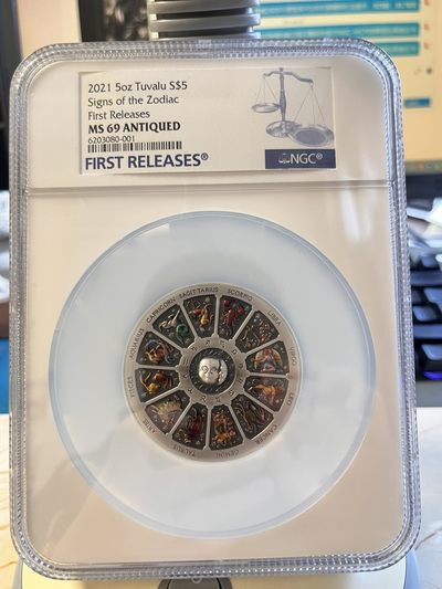 【海寕潮】拍卖第106期 - 【海寧潮】图瓦卢2021年十二星座5盎司彩色仿古纪念银币NGC-MS69首期蓝标原盒证书（国外非评级手机1435美金 ，最后一图可作为参考）