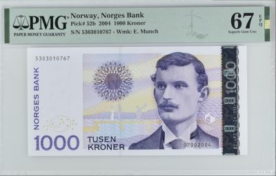 《张总收藏》145期-外币特别精品场 - 挪威2004年1000克朗最高值PMG67E高分尾67无4 挪威表现主义画家爱德华·蒙克 Pick#52b
