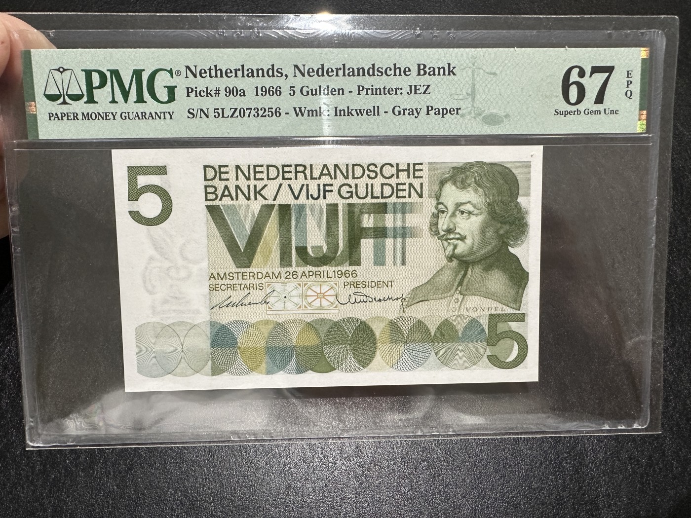 《外钞收藏家》第三百五十八期（连拍第三场） 1966年荷兰人像版5盾 PMG67