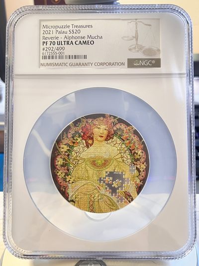 【海寕潮】拍卖第106期 - 【海寧潮】帕劳2021年拼图系列穆夏女神3盎司纪念彩银币NGC-PF70原盒证书(国外非评级售价1140美金，最后一图作为参考）