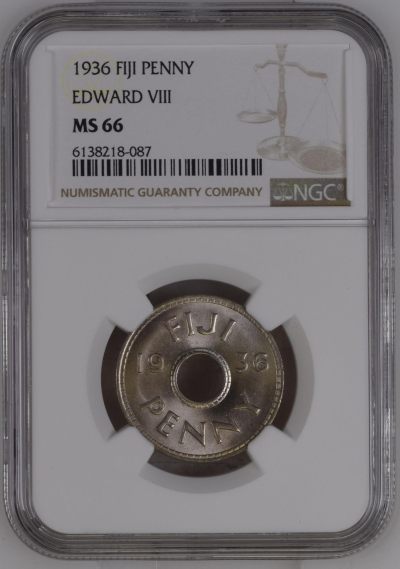 长老汇龙年精选第四场 - 1936 斐济爱德华八世1便士中孔镍币，NGC MS66分，亚军分，更高分仅有5枚。独年份，爱八当年逊位，发行量非常少。非后铸。