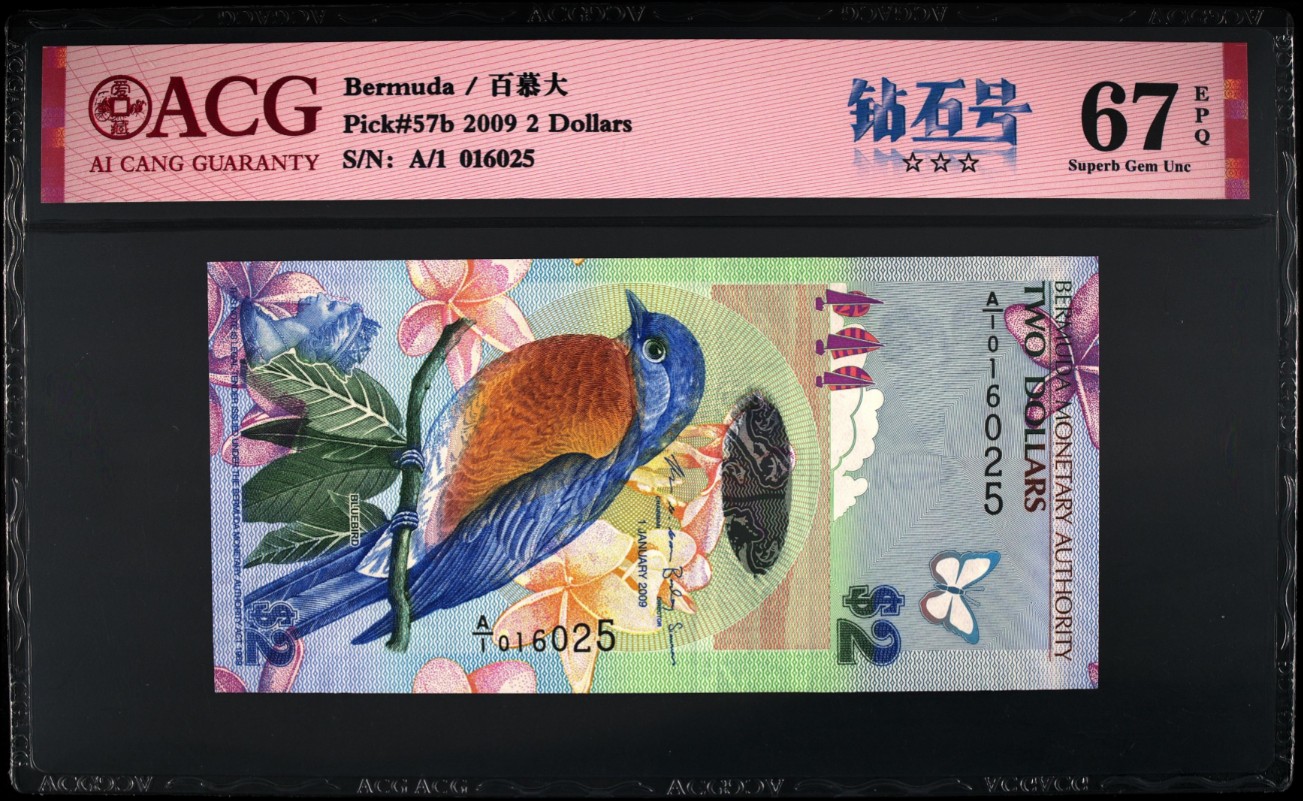 《张总收藏》145期-外币特别精品场 百慕大2009年2元A1冠爱藏评级67分无347 IBNS世界最佳纸币 获奖钞名誉品蓝鸟