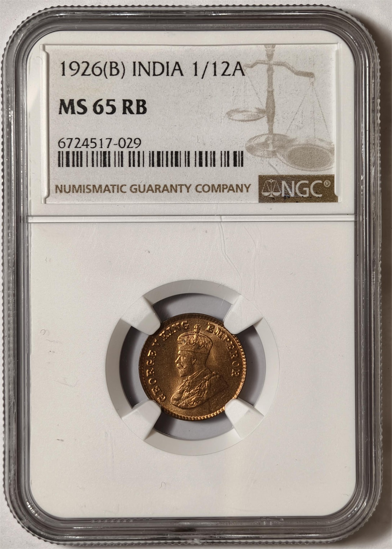 紫瑗钱币——第372期拍卖 英属印度 1926年 B版 乔治五世 1/12安娜 铜币 NGC MS65 RB
