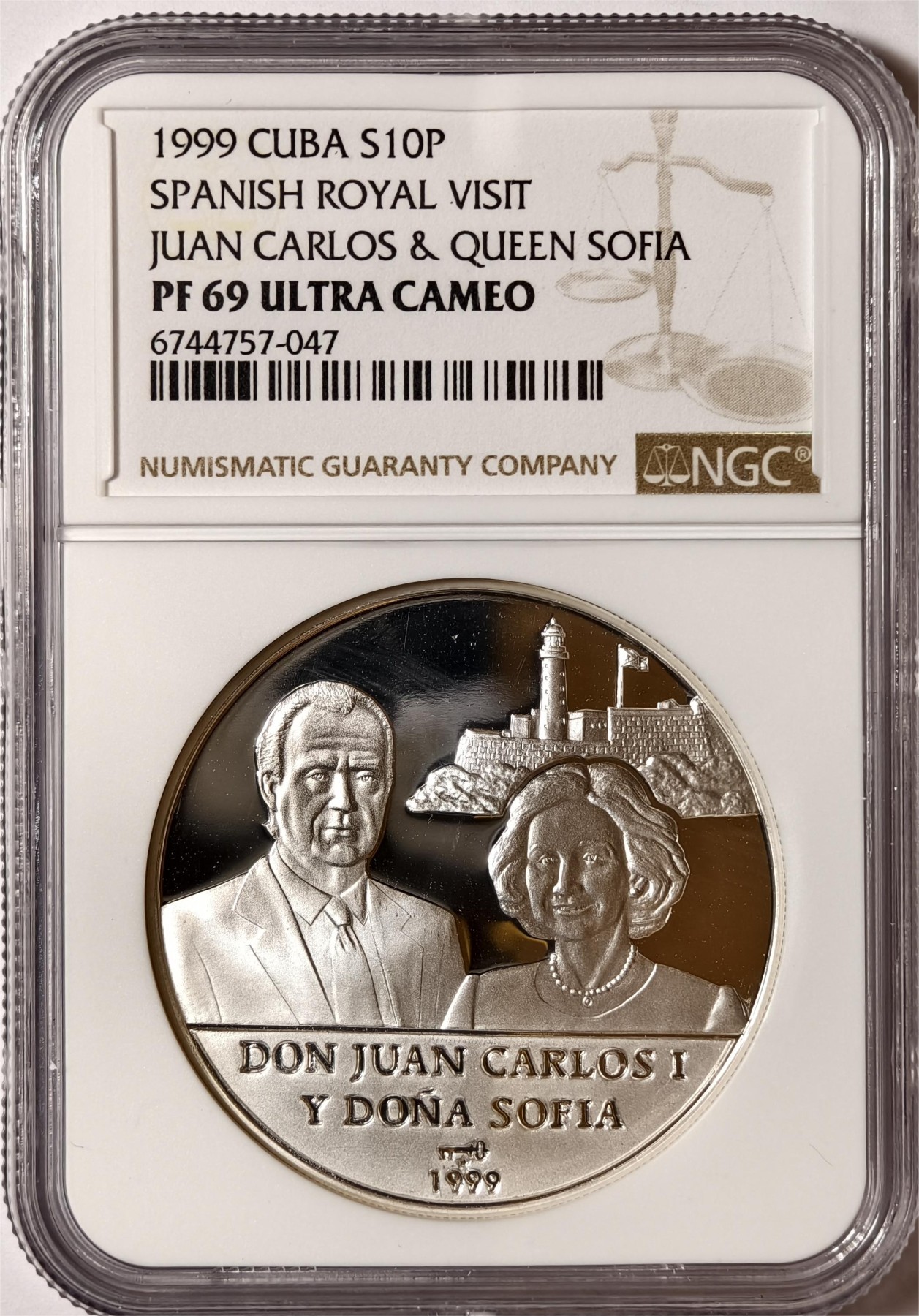 紫瑗钱币——第338期拍卖 古巴 1999年 西班牙皇室访问古巴 胡安·卡洛斯国王和索菲亚皇后 10比索 NGC PR69 UC