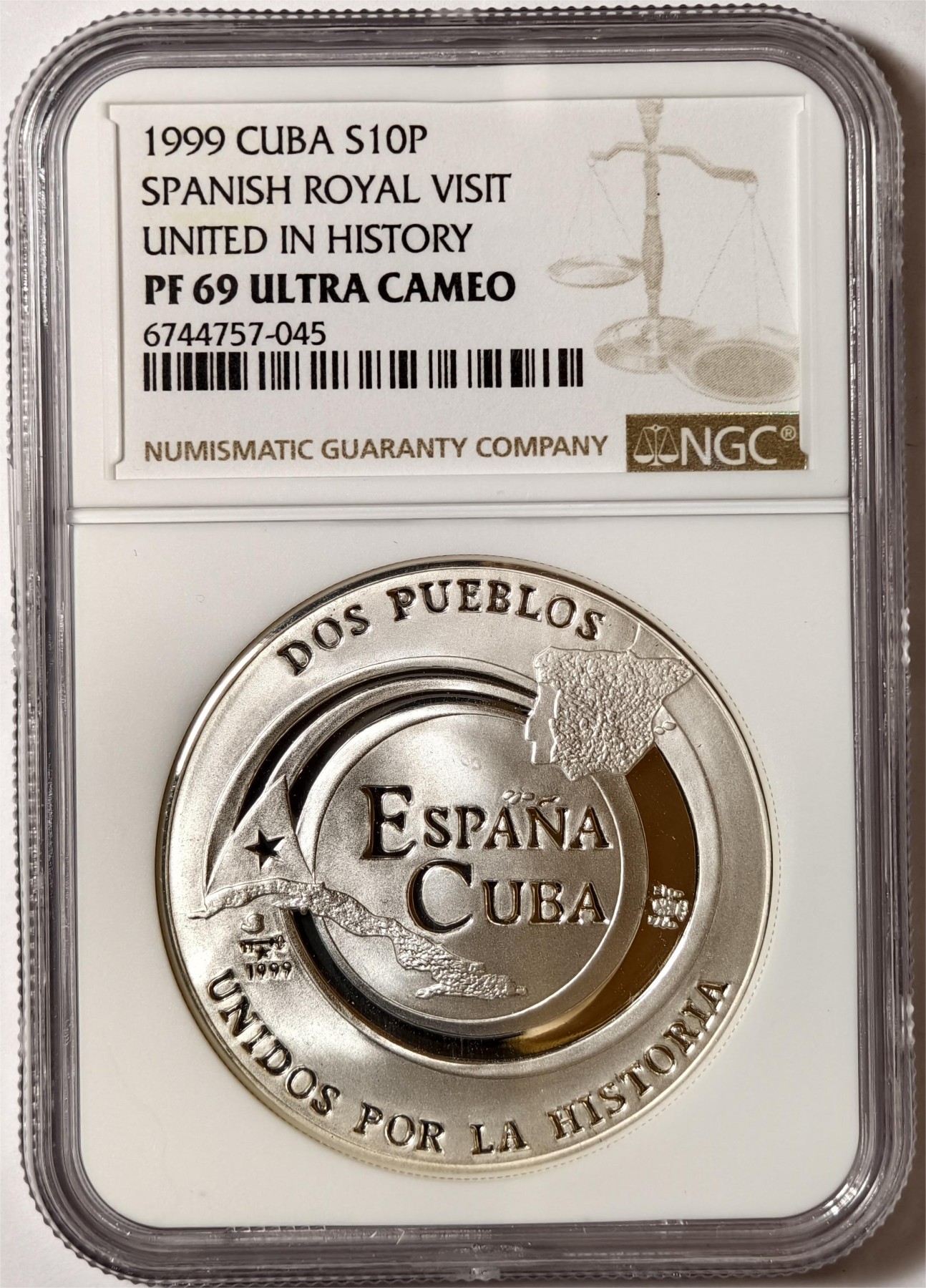 紫瑗钱币——第338期拍卖 古巴 1999年 西班牙皇室访问古巴 西班牙殖民古巴 10比索 NGC PR69 UC