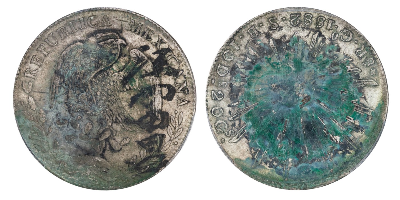 南京三省2024年春季拍卖会 1882年墨西哥鹰洋（汪富昌） 中式评级 墨印五级55,评级编号：31013029