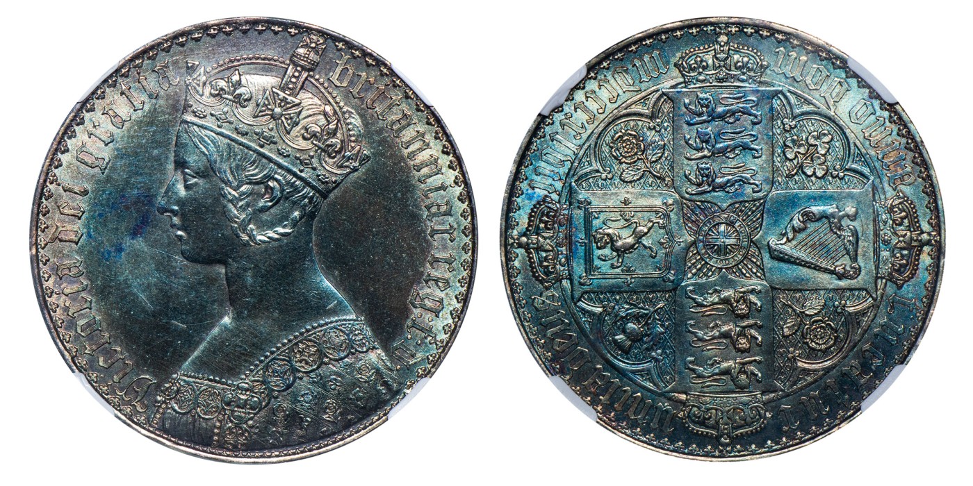 南京三省2024年春季拍卖会 1847年英国维多利亚女王像“哥特式”一克朗银币 NGC PROOF DETAILS,评级编号：4535550-037