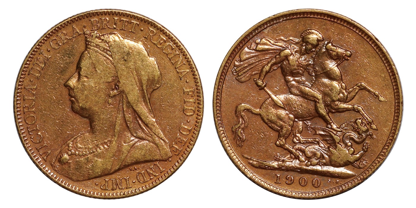 南京三省2024年春季拍卖会 1900年英国维多利亚女王披纱马剑1索维林金币 PCGS VF Detail 98,评级编号：88503225