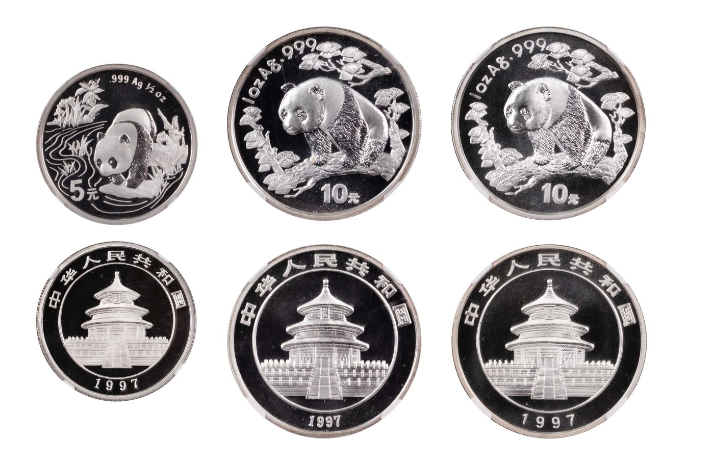 南京三省2024年春季拍卖会 1997版熊猫1/2盎司+1盎司银币（一组三枚） NGC MS69,评级编号：6187876-033
6180669-017
6193931-026