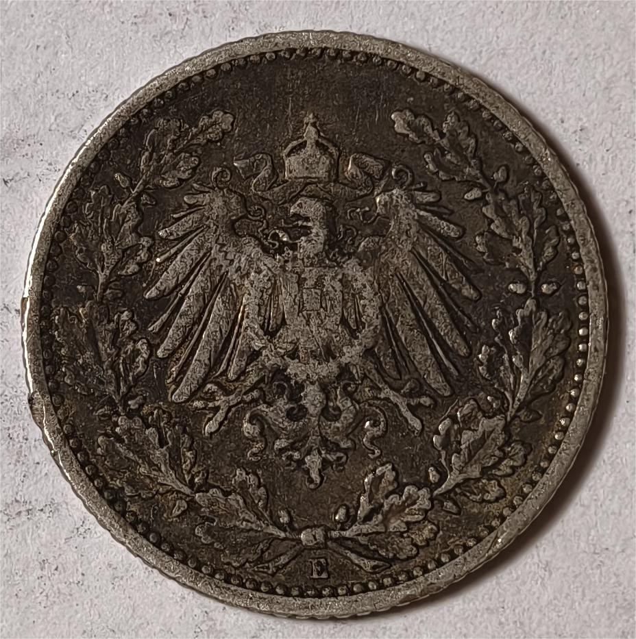 紫瑗钱币——第360期拍卖 德国 1905年 E版 第二帝国 1/2马克 银币 2.77克 0.9银 漆黑包浆
