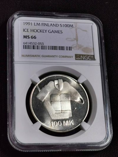刘世昌艺术品销售中心～虎踞龙蟠*金杨在线联拍群第508期 - 芬兰1991年冰球世锦赛100马克纪念银币（NGC MS66 串号：6414532-053）1枚。