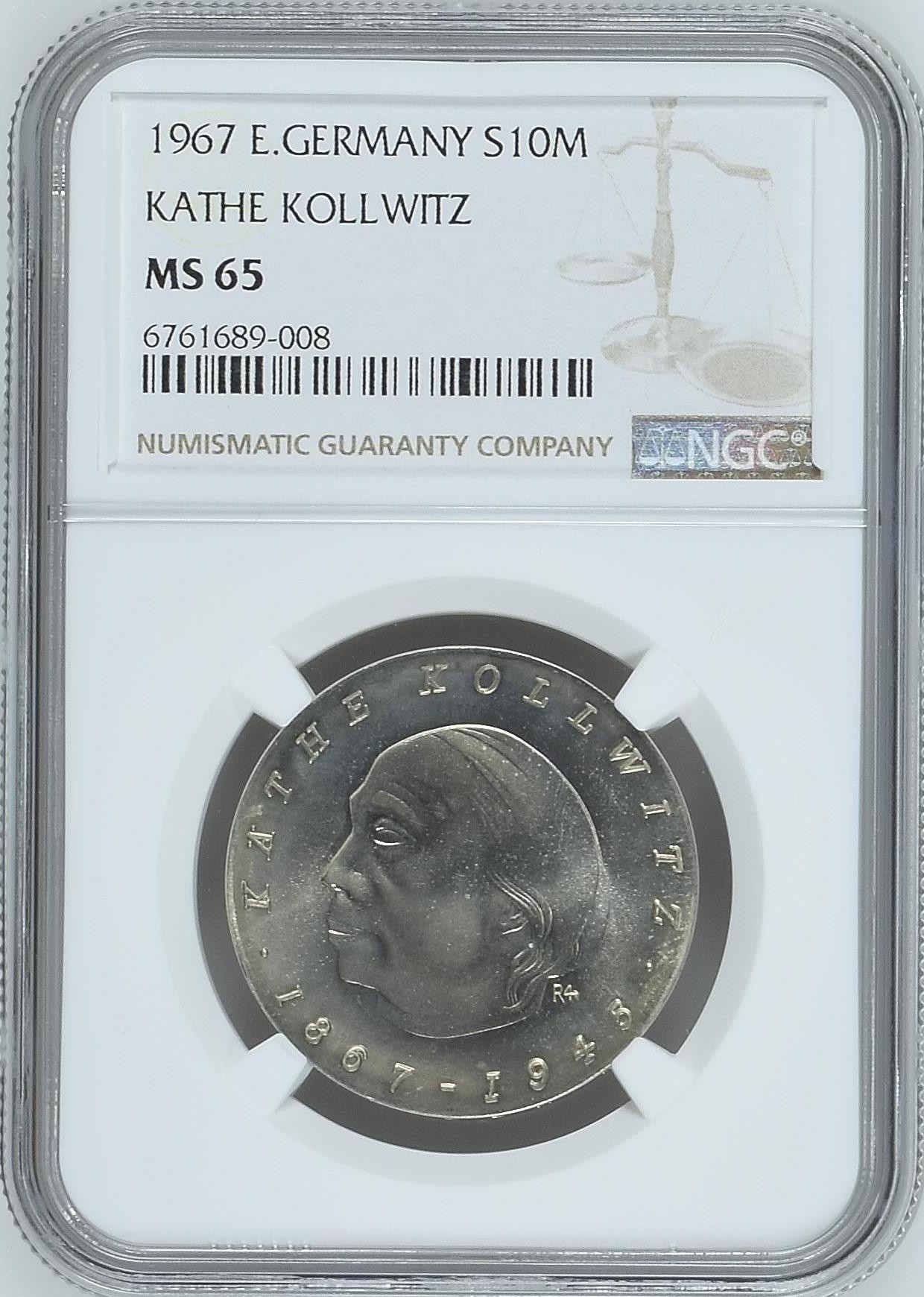 长老汇龙年精选第四场 1967 东德画家珂勒惠支10马克银币，NGC MS65分，季军分，更高分仅有11枚
