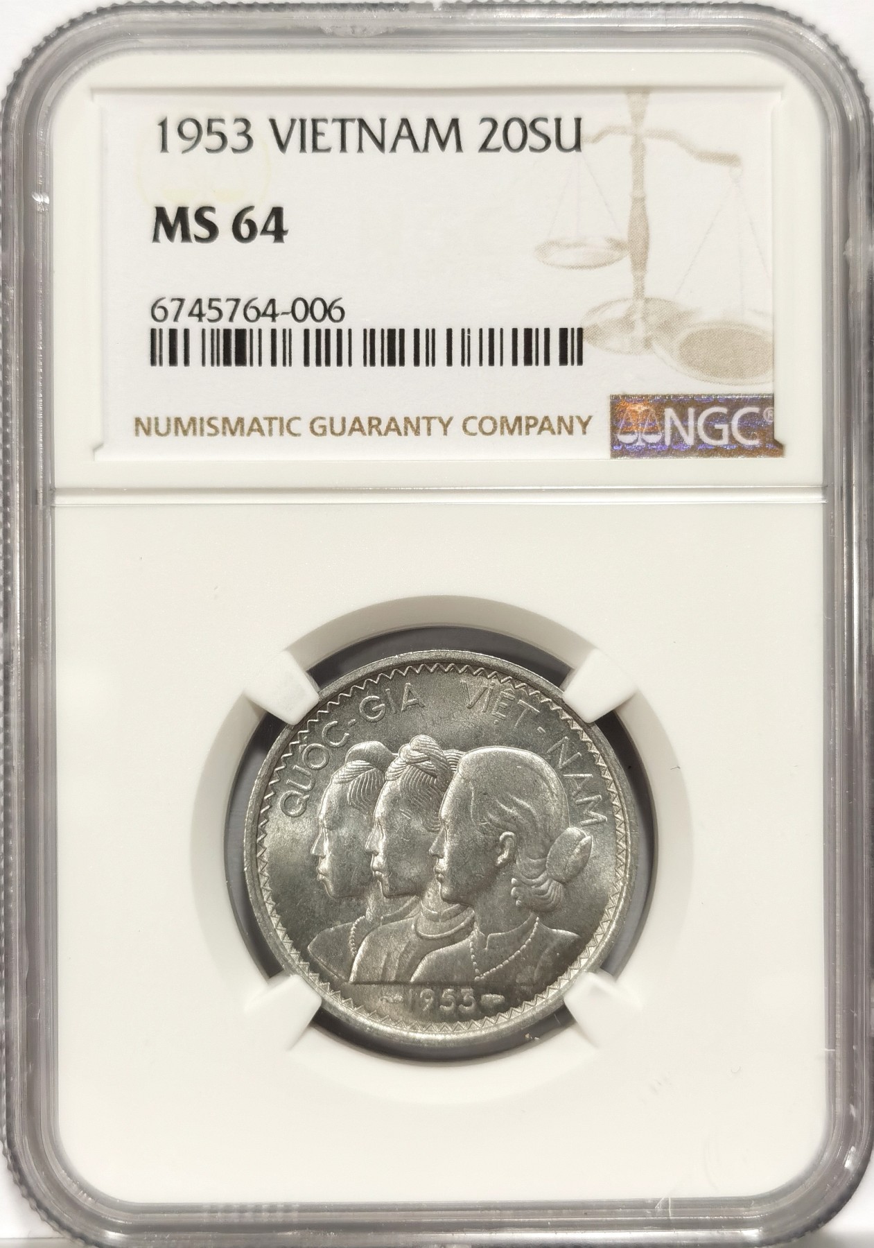 梦幻古城处暑季 NGC MS64 越南1953年20SU三美女铝币