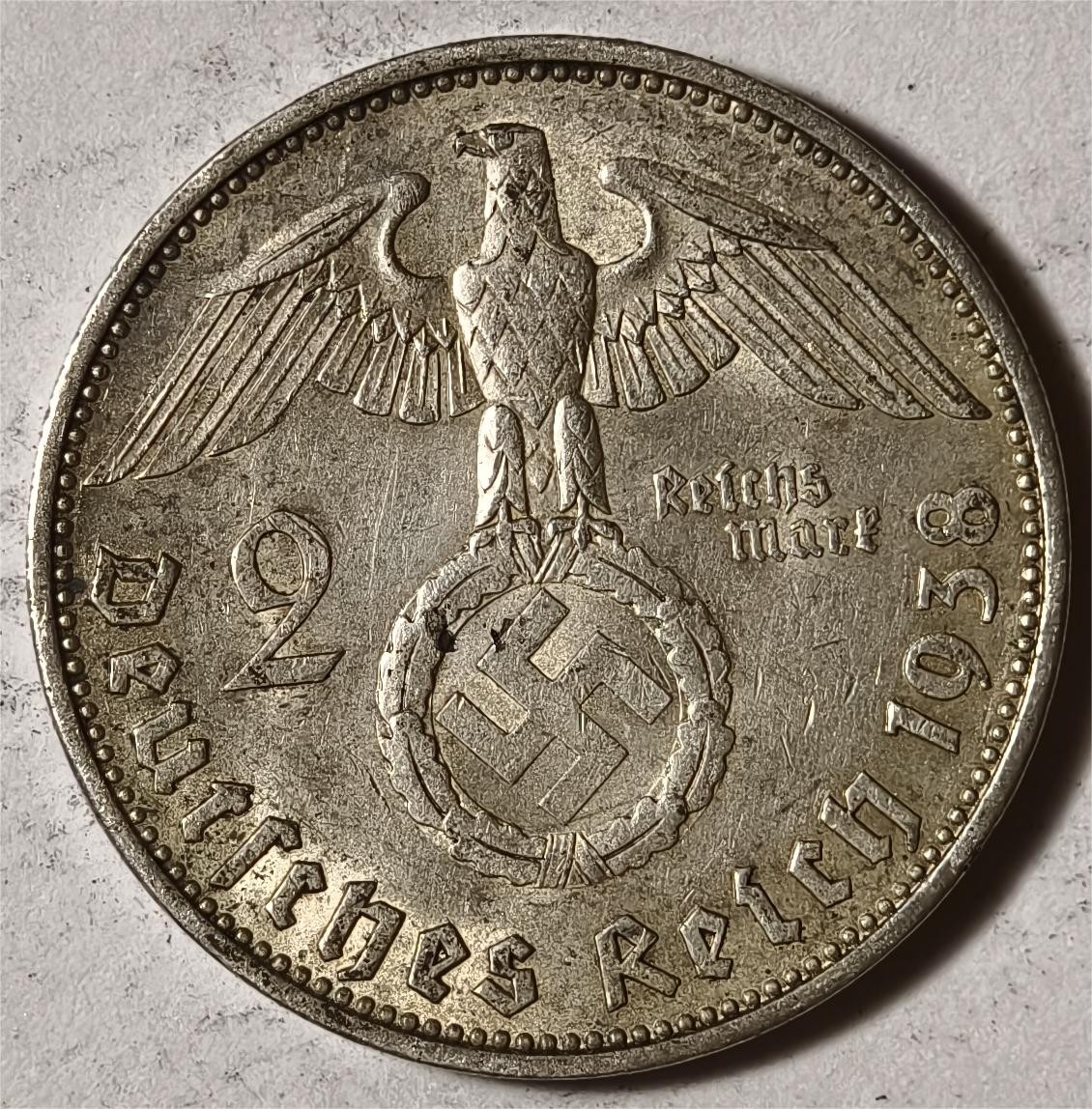 紫瑗钱币——第338期拍卖 德国 1938年 A版 兴登堡 字符 2马克 8克 0.625银