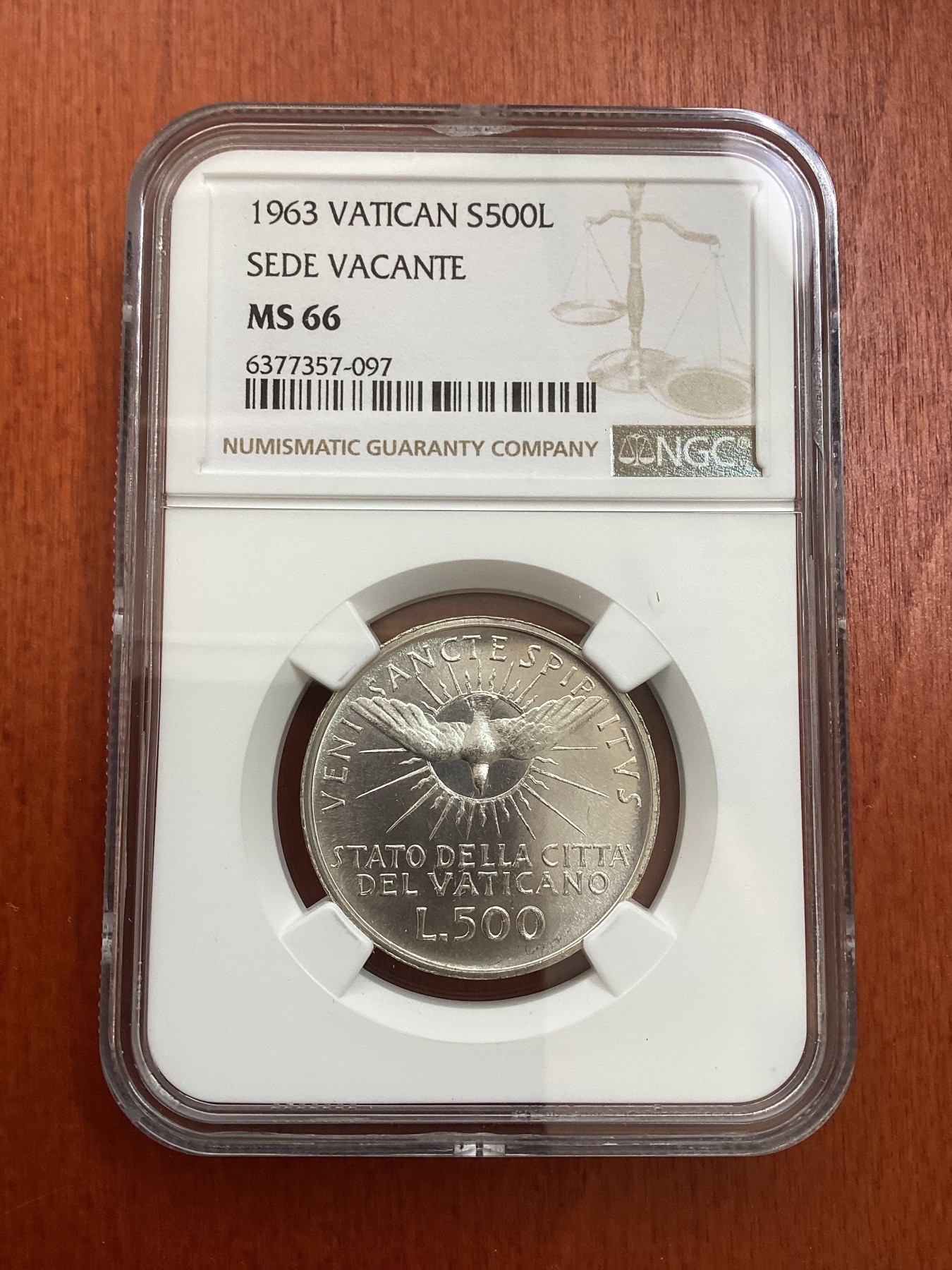 长老汇龙年精选第四场 1963 梵蒂冈教皇缺位500里拉银币，NGC MS66分，超高分