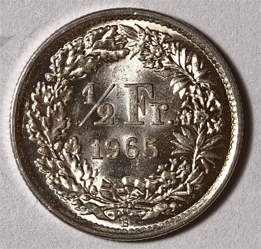 紫瑗钱币——第338期拍卖 瑞士 1965年B 赫尔维蒂女神 1/2法郎 2.5克 0.835银 UNC