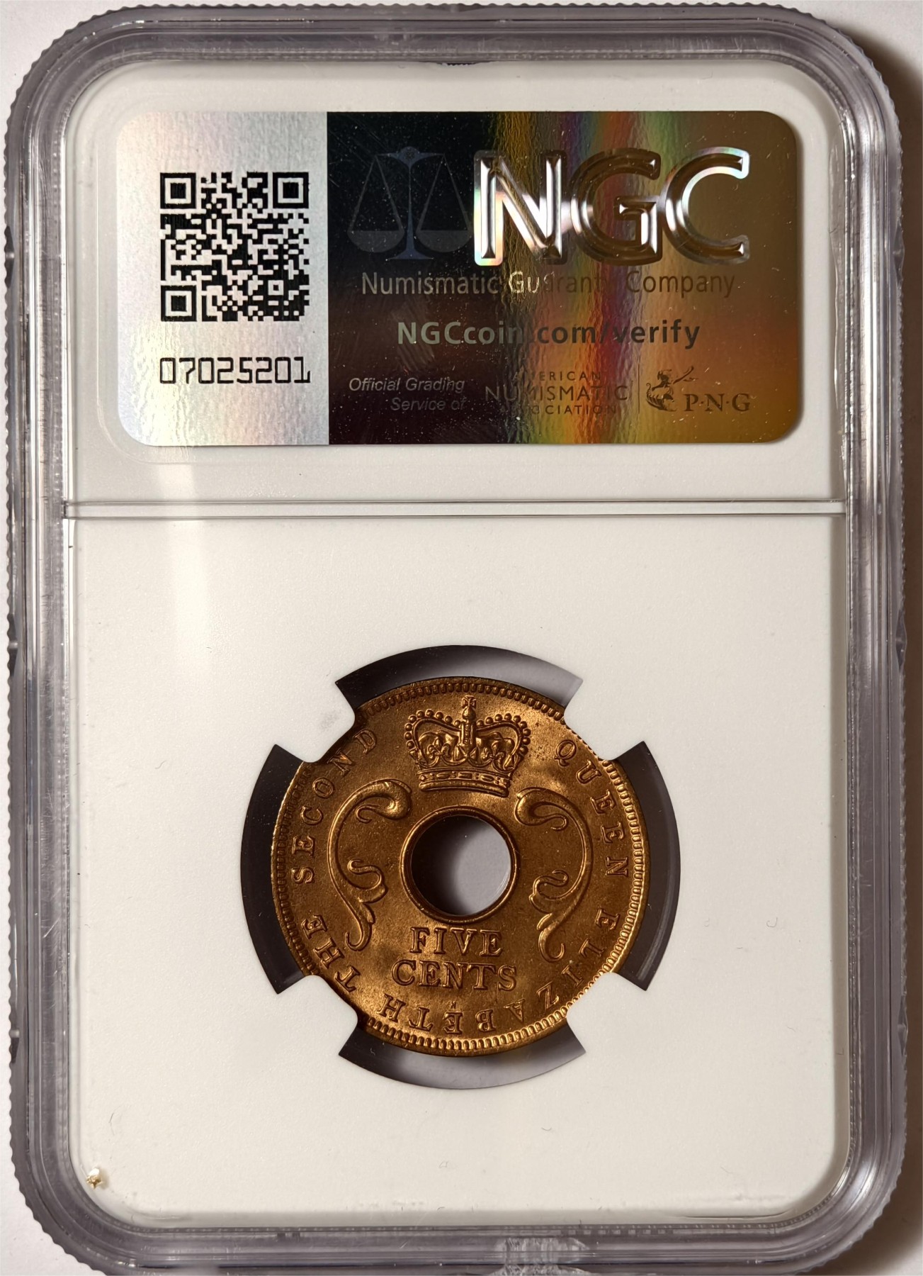 紫瑗钱币——第372期拍卖 英属东非 1956年 H版 伊丽莎白二世 5分 红铜币 NGC MS65 RD