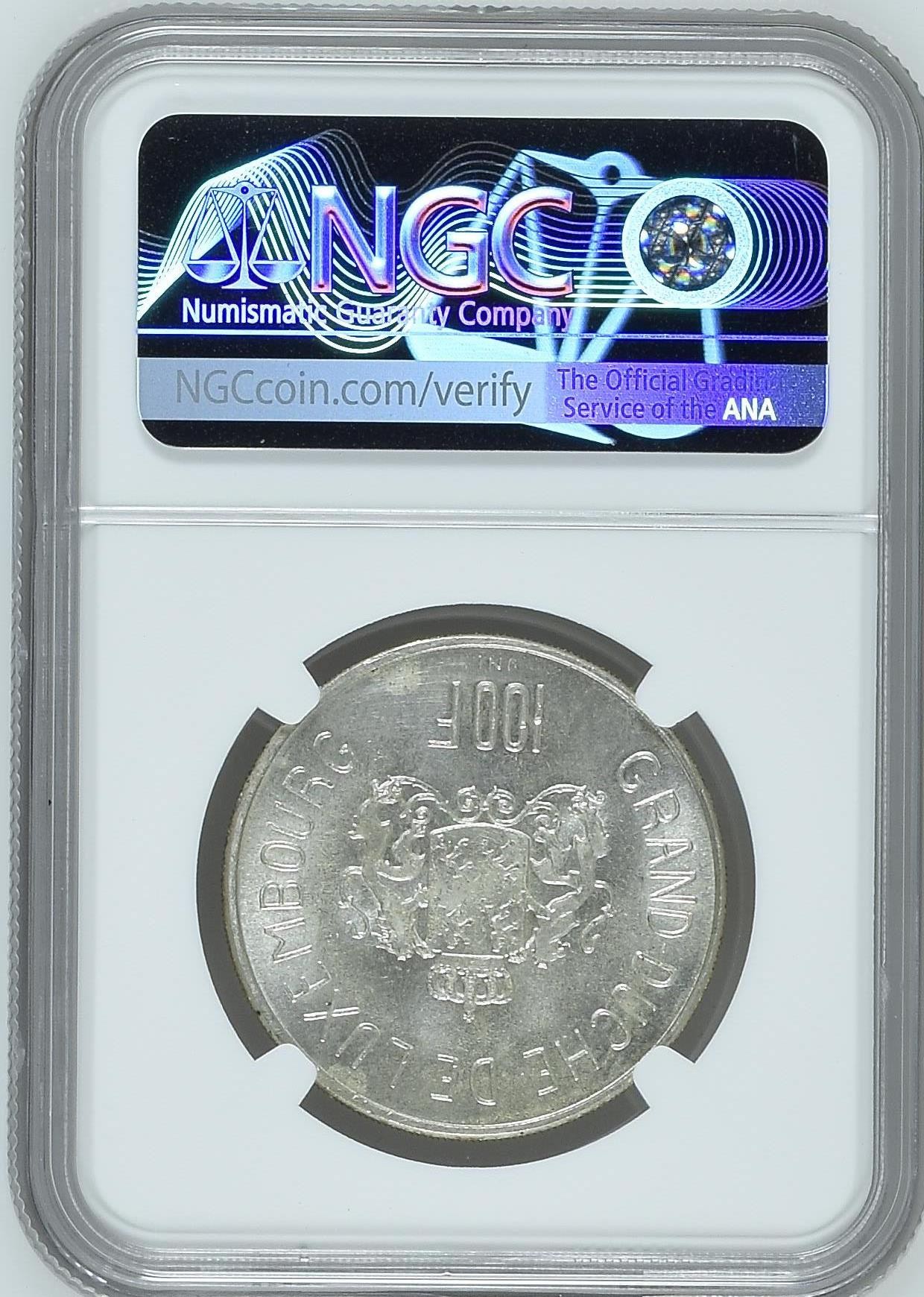 长老汇龙年精选第四场 1963 卢森堡夏洛特女大公100法郎银币，NGC MS64分，更高分15枚