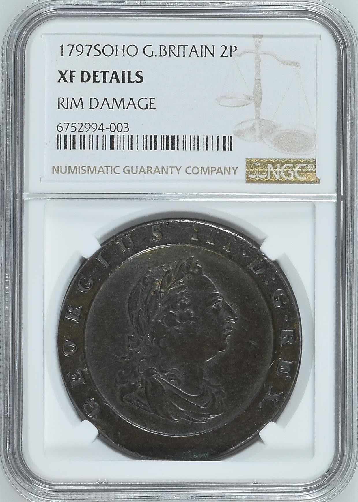 收藏联盟Quantum Auction 第338期拍卖  英国1797年乔治三世车轮2便士 NGC XF DETAILS 世界最早机制币 SOHO名誉品