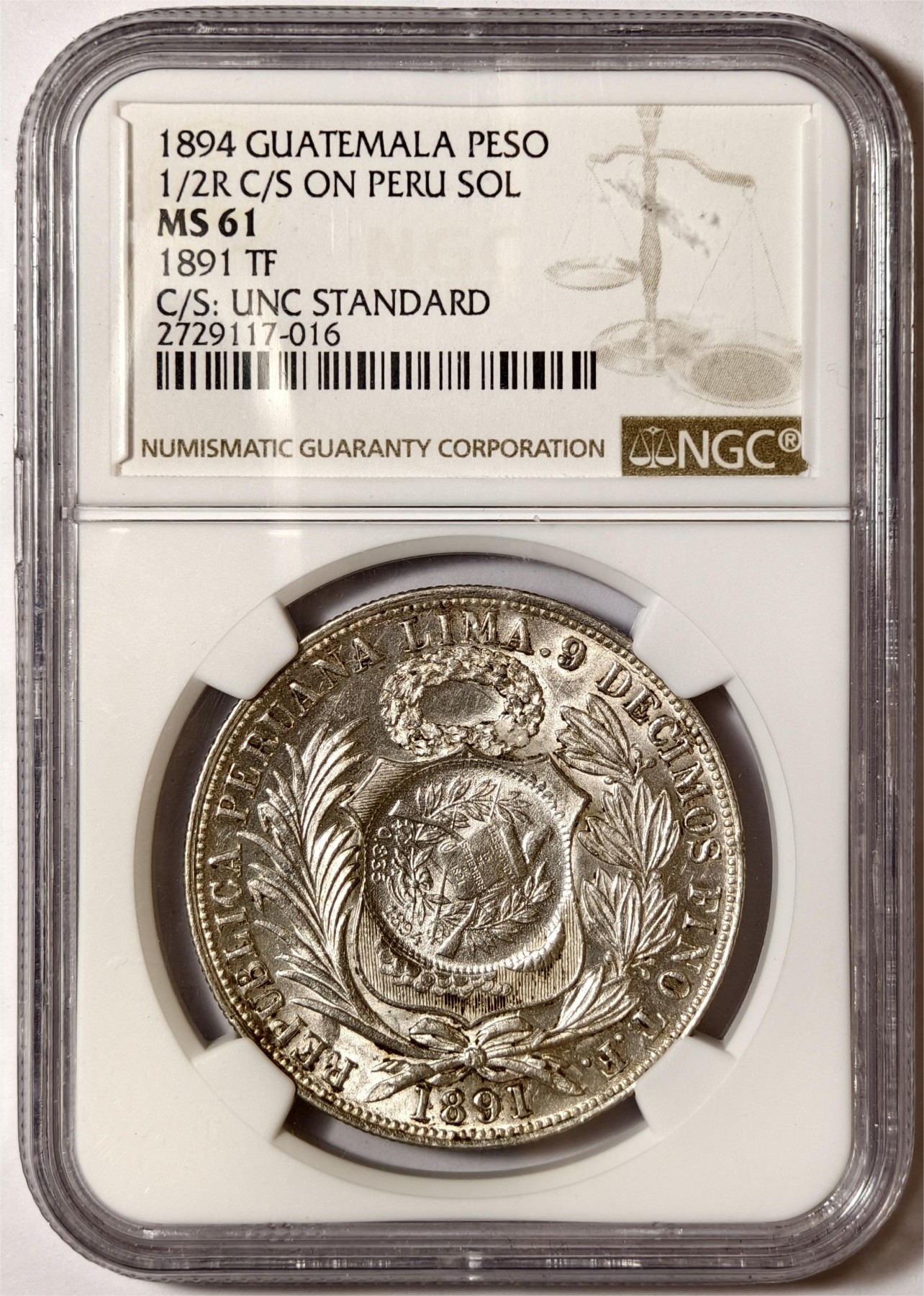 紫瑗钱币——第338期拍卖 危地马拉 1894年 加盖秘鲁 1比索 银币 热门加盖品种 NGC MS61