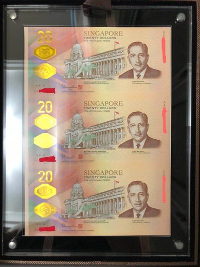 2024第28场（总第180期）：精品外钞、塑料钞、错版钞、评级币专场 - 未拆封盲盒（首发AA冠、号码未知） 新加坡“开埠200周年”20元塑料纪念钞三连体盒装UNC（盒子编号K702E783）