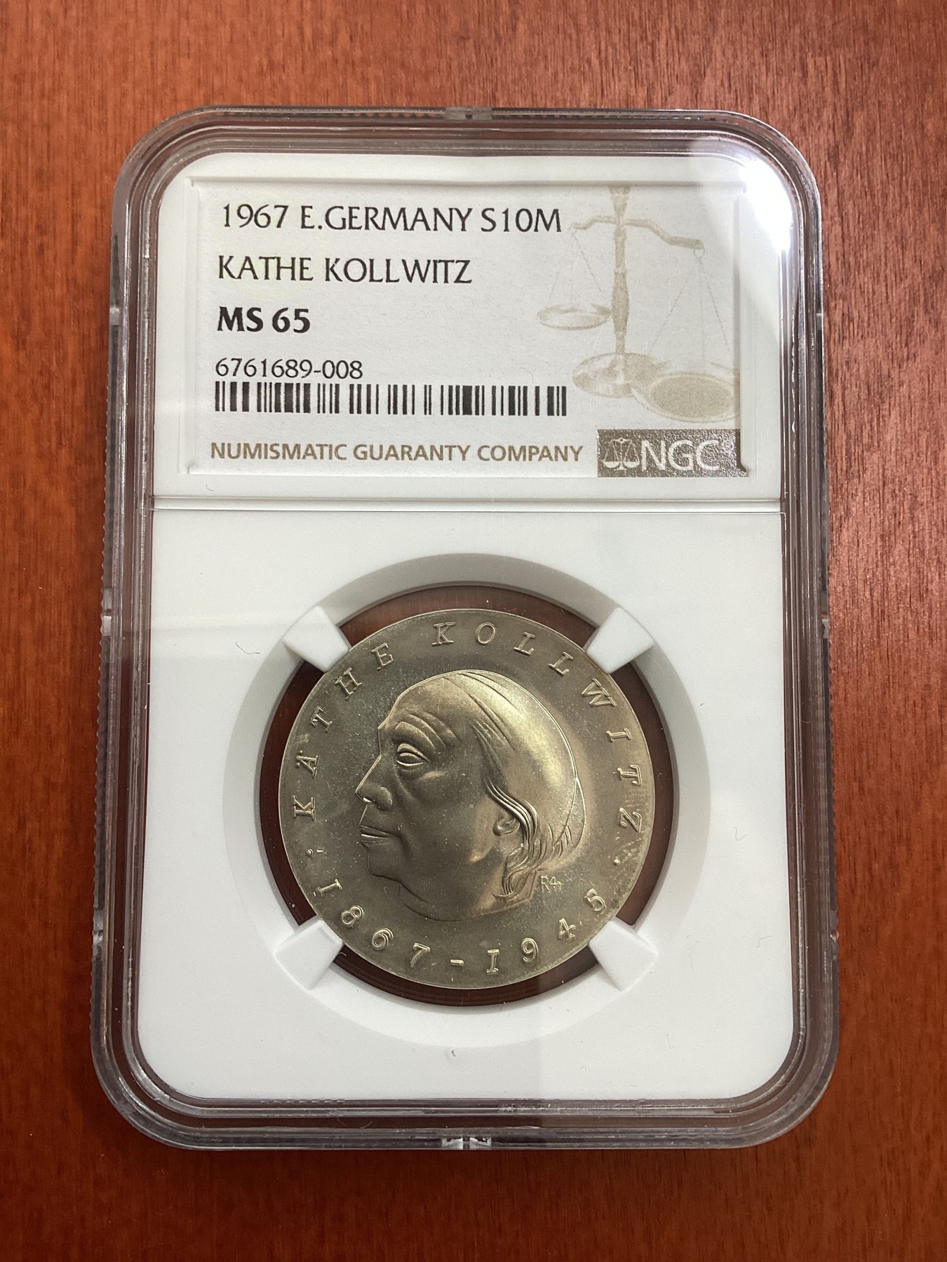 长老汇龙年精选第四场 1967 东德画家珂勒惠支10马克银币，NGC MS65分，季军分，更高分仅有11枚