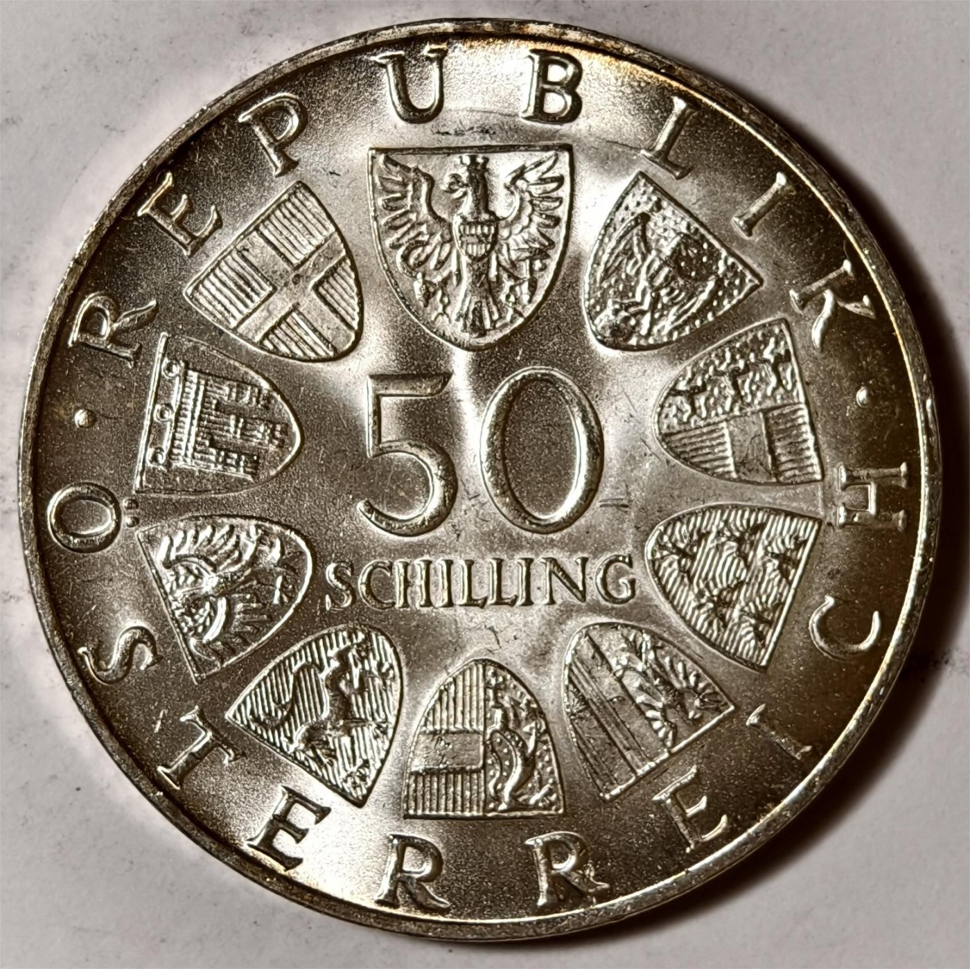 紫瑗钱币——第338期拍卖 奥地利 1968年 第二共和国建国50周年 50先令 20克 0.9银 UNC