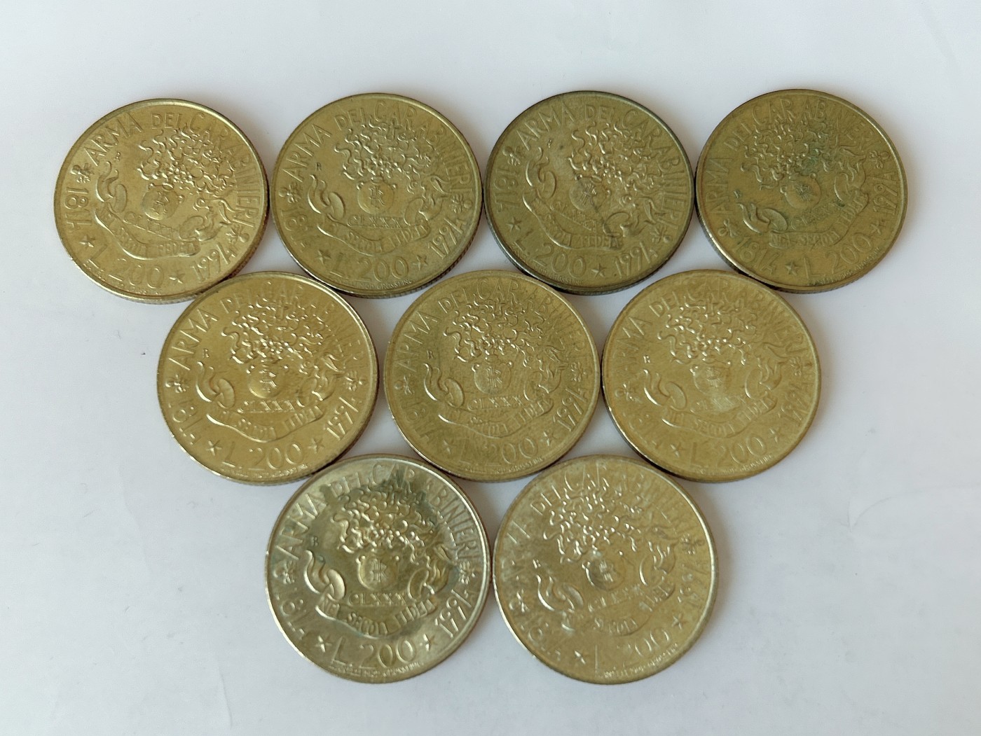 第一海外回流一元起拍收藏 散币专场 第81期 意大利1994年国家宪兵成立180周年200里拉黄铜纪念币 9枚