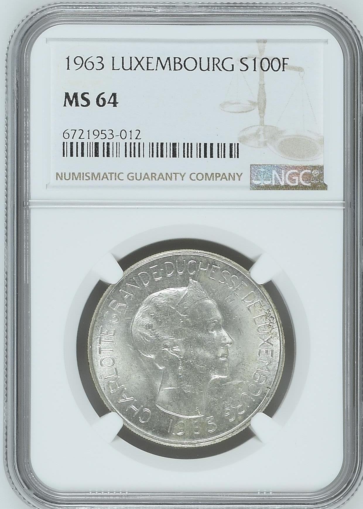 长老汇龙年精选第四场 1963 卢森堡夏洛特女大公100法郎银币，NGC MS64分，更高分15枚