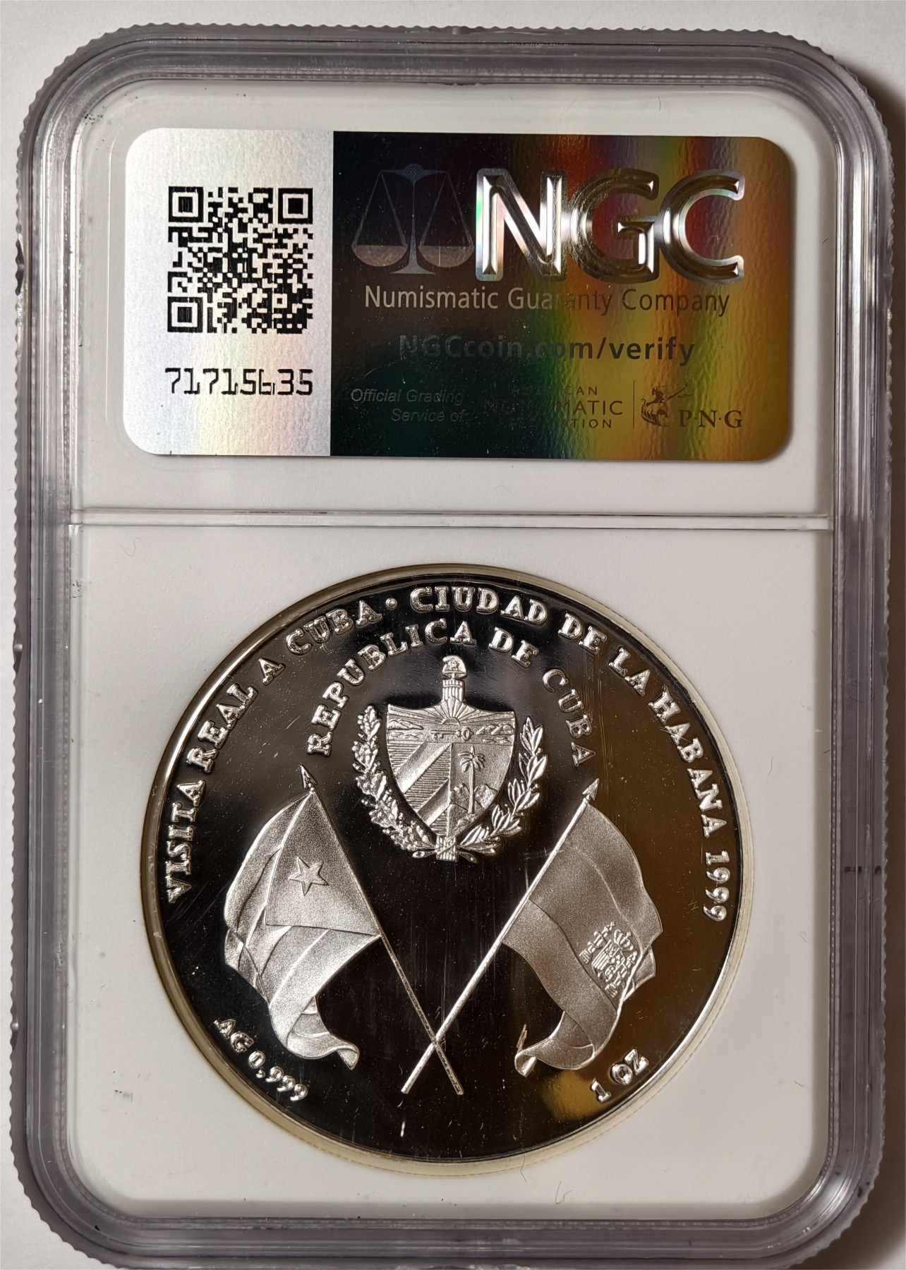 紫瑗钱币——第338期拍卖 古巴 1999年 西班牙皇室访问古巴 正面银样 10比索 银币 NGC PR68 UC