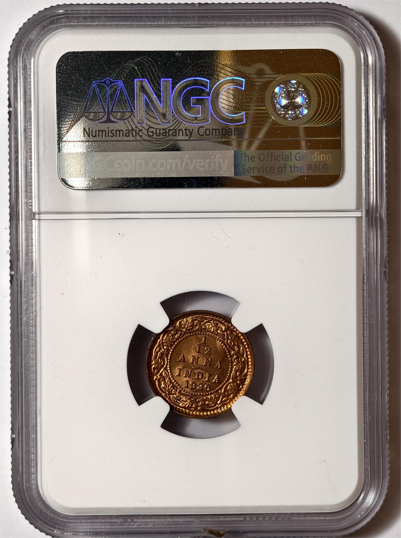 紫瑗钱币——第372期拍卖 英属印度 1926年 B版 乔治五世 1/12安娜 铜币 NGC MS65 RB