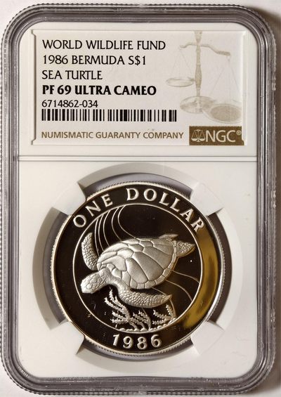 紫瑗钱币——第575期 - 百慕大 1986年 珍稀海洋动物 大海龟 1元 银币 NGC PR69 UC