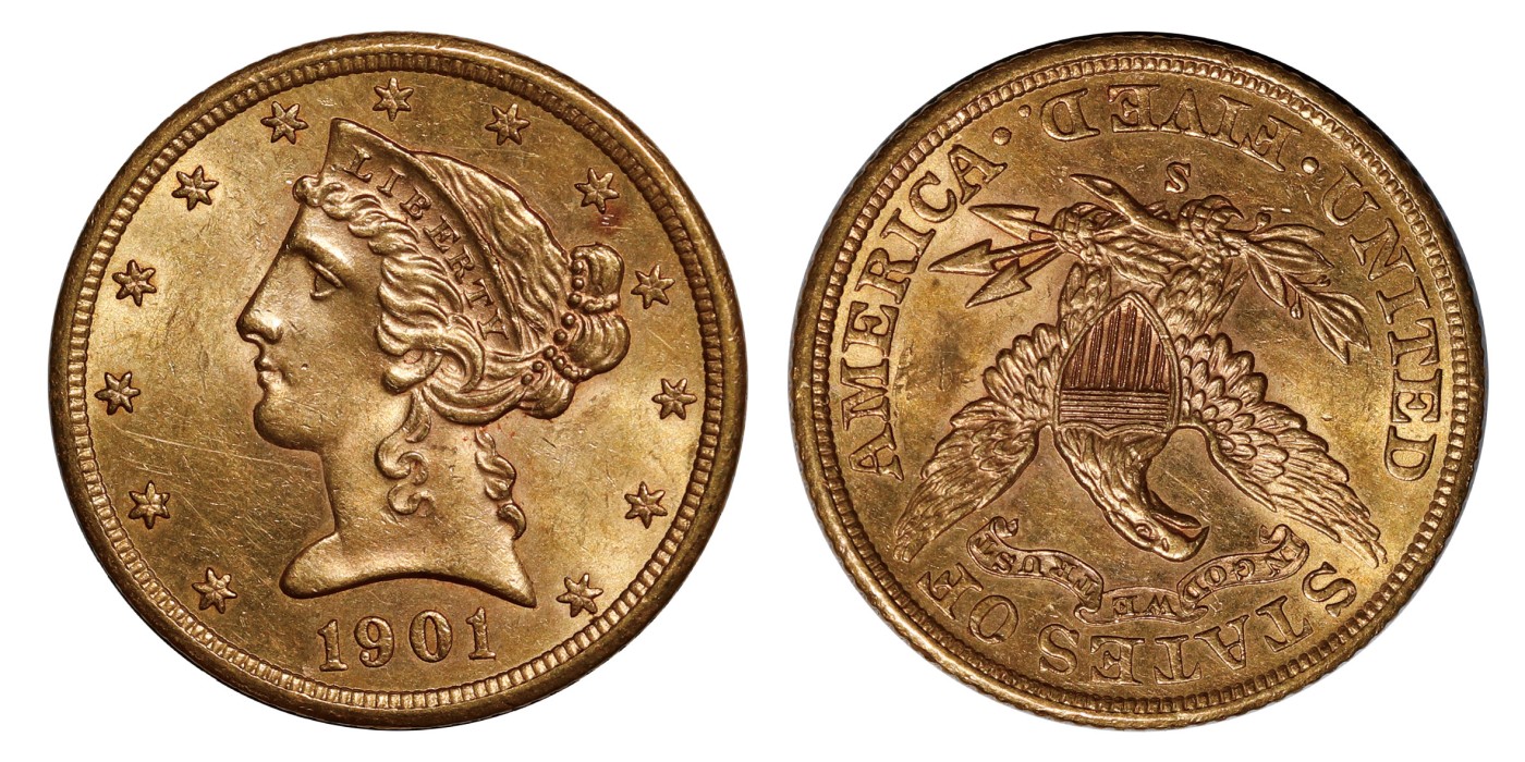 南京三省2024年春季拍卖会 1901年（S）美国自由女神头像5美元金币 PCGS MS62,评级编号：88503234