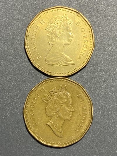 回流0411 - 加拿大一元硬币两枚 女王不同时期/潜鸟 11边形