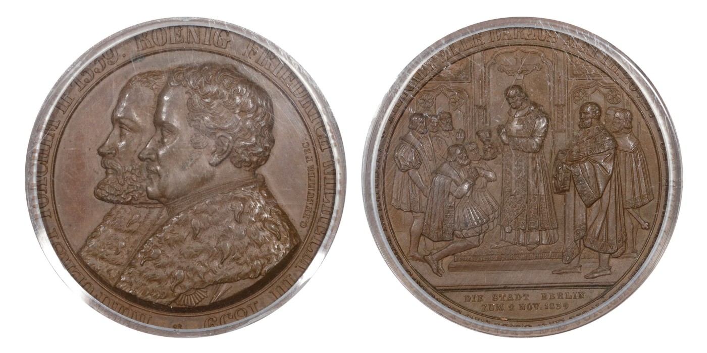 南京三省2024年春季拍卖会 1839年德国布莱登堡宗教改革300周年纪念高浮雕铜章 PCGS SP64,评级编号：35391908