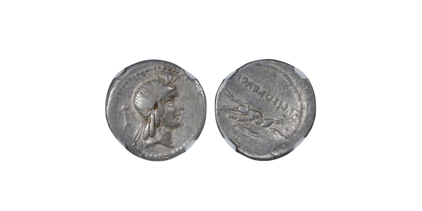 南京三省2024年春季拍卖会 公元前90年罗马共和时期太阳神阿波罗第纳尔银币 NGC Ch F,评级编号：6062107-003