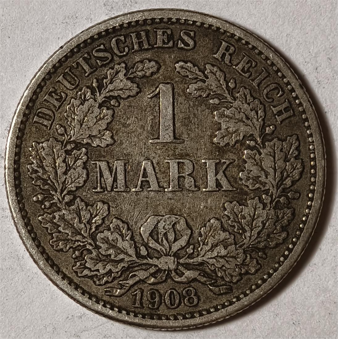 紫瑗钱币——第338期拍卖 德国 1908年 G版 第二帝国  1马克 5.5克 0.9银