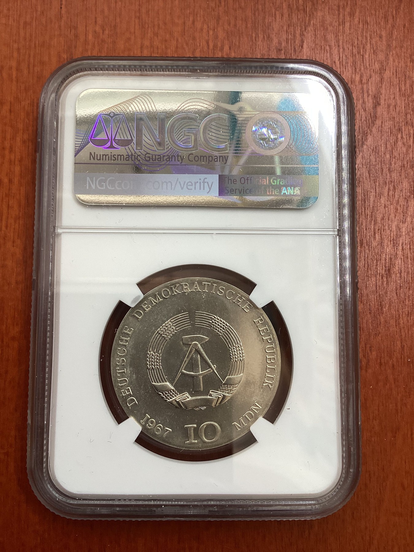 长老汇龙年精选第四场 1967 东德画家珂勒惠支10马克银币，NGC MS65分，季军分，更高分仅有11枚