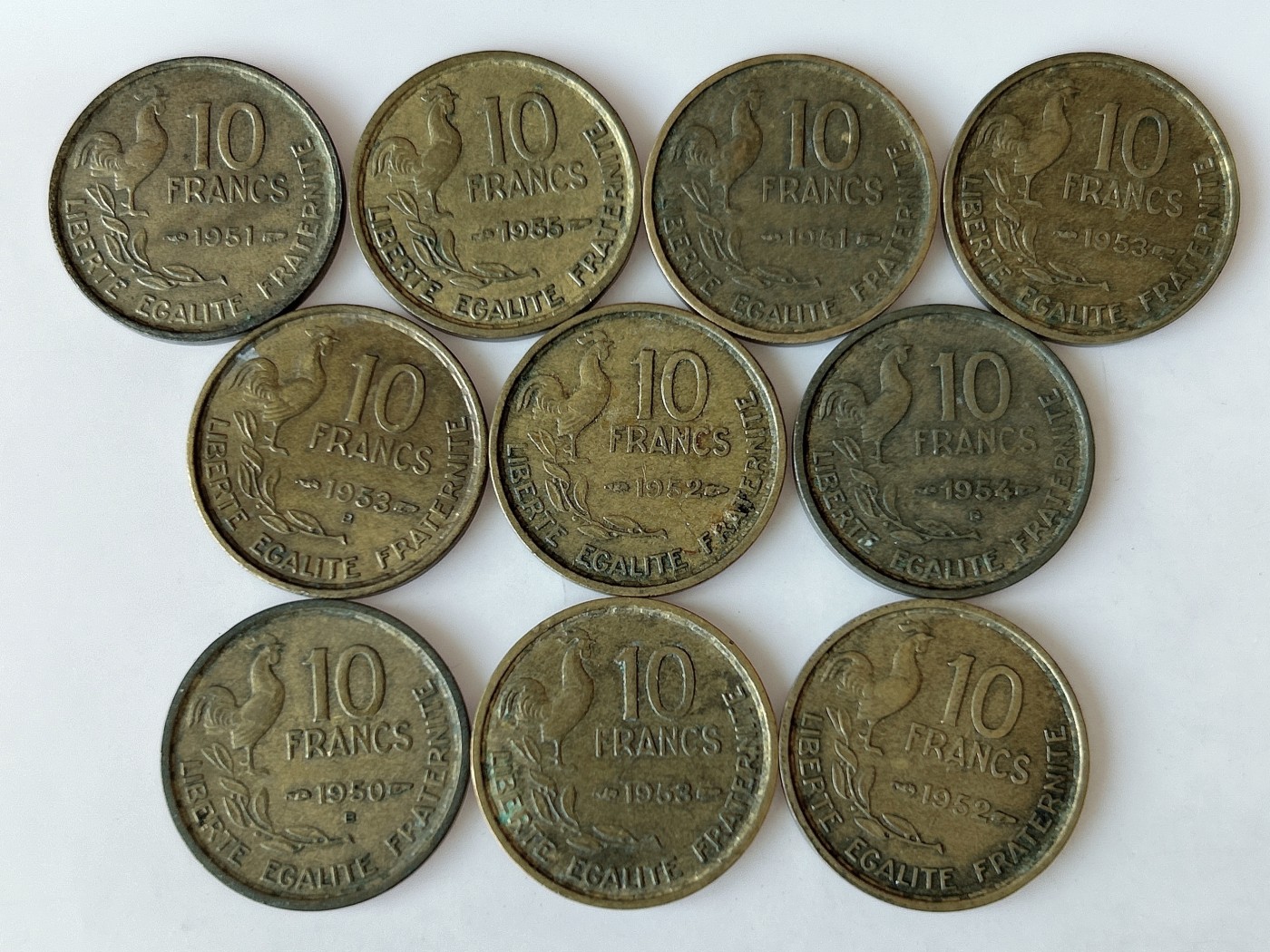 第一海外回流一元起拍收藏 散币专场 第80期 法国高卢雄鸡五十年代10法郎铜币 10枚