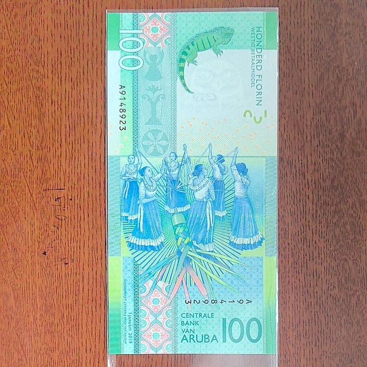 阿鲁巴2019年100弗罗林 A冠 首冠 美洲纸币 实物图 UNC