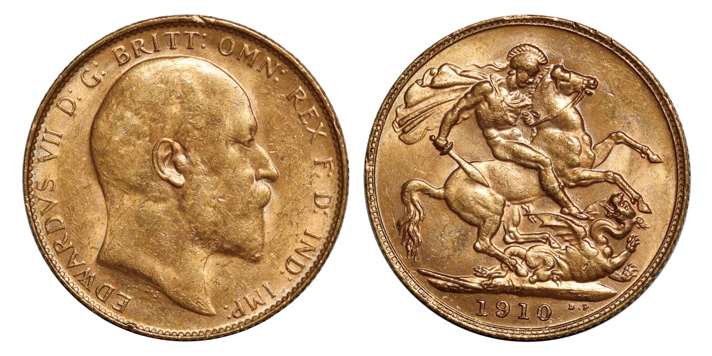 南京三省2024年春季拍卖会 1910年（P）英国爱德华七世马剑1索维林金币 PCGS MS62,评级编号：88503230